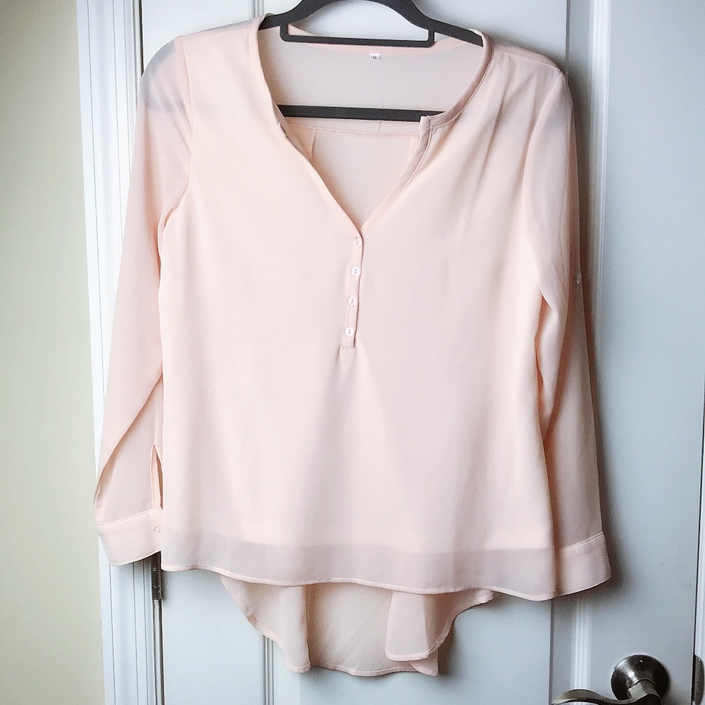 NWOT Sheer Blush Peach V Neck Shirt with Buttons